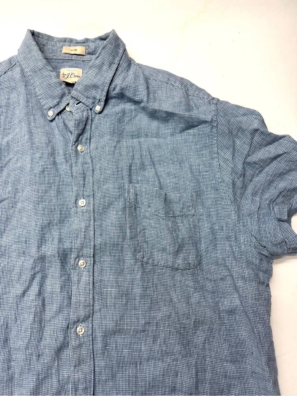 J. Crew Baird McNutt Irish Linen Blue Check Short-Sleeve Slim Button-Down Shirt